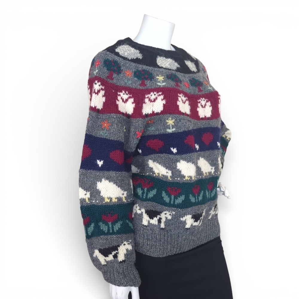 Vintage Deans of Scotland Shetland Wool Sweater Farm Animals Sheep Cows Hearts - Picture 4 of 9